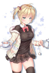 Rule 34 | 1girl, ahoge, blonde hair, breasts, brown skirt, cenangam, collar, cowboy shot, girls&#039; frontline, green eyes, holding, holding plate, looking at viewer, medium breasts, open clothes, plate, red neckwear, shirt, short hair, skirt, smile, solo, standing, taut clothes, taut shirt, tea, thighhighs, twintails, welrod mkii (girls&#039; frontline), zettai ryouiki