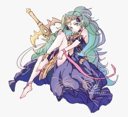 Rule 34 | 1girl, braid, cape, closed mouth, fire emblem, fire emblem: three houses, green eyes, green hair, hair ornament, highres, jewelry, long hair, looking at viewer, multicolored hair, nintendo, pointy ears, ribbon braid, side braid, simple background, smile, solo, sothis (fire emblem), tiara, twin braids, zedoraart