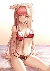 Rule 34 | 1girl, arm up, blunt bangs, bra, breasts, closed mouth, collarbone, crotchless, crotchless panties, fate/grand order, fate (series), gradient background, highres, hip focus, long hair, looking at viewer, mashuu (neko no oyashiro), medb (fate), medium breasts, multi-strapped panties, navel, on bed, panties, pearl thong, pink bra, pink hair, sitting, smile, solo, thighs, tiara, underwear, yellow eyes