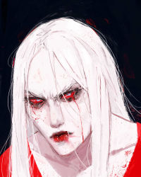 Rule 34 | 1girl, azure meraki, blood, bloody tears, carmilla (castlevania), castlevania (series), castlevania (netflix), closed mouth, colored sclera, colored skin, dated, dress, grey eyes, highres, lipstick, long hair, looking at viewer, makeup, pale skin, parted bangs, portrait, red dress, red lips, red sclera, signature, solo, white hair, white skin