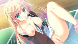 Rule 34 | 1girl, ass, blonde hair, blush, breasts, d.s. -dal segno-, dal segno, decensored, female focus, fujishiro noeri, game cg, green eyes, japanese clothes, long hair, medium breasts, nipples, no panties, nude, open clothes, panties, pussy, shiny skin, sitting, solo, spread legs, surprised, table, takano yuki (allegro mistic), third-party edit, uncensored, underwear, visual novel