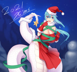 Rule 34 | 1girl, :d, aqua hair, blue eyes, blush, breasts, christmas, cleavage, commentary request, dress, fur-trimmed collar, fur trim, gloves, green ribbon, hat, highres, kokuyouseki, lamia, large breasts, long hair, looking at viewer, monster girl, mountain, night, night sky, open mouth, original, red dress, red gloves, red hat, ribbon, santa costume, santa hat, sky, smile, snowman, solo, star (sky), starry sky, tree