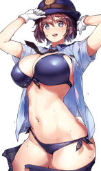 Rule 34 | 1girl, adjusting clothes, adjusting headwear, arms up, bikini, black necktie, blush, breasts, brown hair, cowboy shot, front-tie bikini top, front-tie top, gloves, hat, highres, large breasts, looking at viewer, navel, necktie, open clothes, open mouth, original, police, police hat, purple eyes, shimazu tekkou, shirt, short hair, short sleeves, side-tie bikini bottom, solo, stomach, swimsuit, translation request, wet, white background, white gloves