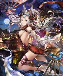 Rule 34 | 10s, 1girl, 77gl, animal ears, anklet, backless outfit, bad id, bad pixiv id, barefoot, breasts, detached sleeves, dress, dual wielding, erune, hand fan, flying sweatdrops, fox ears, fox tail, full moon, fur trim, granblue fantasy, grey eyes, holding, jewelry, large breasts, long hair, long sleeves, looking at viewer, moon, night, red dress, sideboob, silver hair, sky, societte (granblue fantasy), solo, tail, town, very long hair, wide sleeves