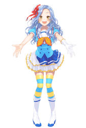 Rule 34 | 1girl, :d, absurdres, aozora jumping heart, blue hair, blue shirt, boots, bow, earrings, frilled gloves, frilled skirt, frills, full body, gloves, hair ribbon, hat, hat bow, highres, jewelry, knee boots, layered skirt, long hair, looking at viewer, love live!, love live! sunshine!!, miniskirt, open mouth, original, outstretched arm, pleated skirt, red bow, red ribbon, ribbon, shirt, short sleeves, simple background, single glove, skirt, smile, solo, standing, striped clothes, striped thighhighs, sudach koppe, thighhighs, white background, white footwear, white gloves, white hat, white skirt, yellow eyes, zettai ryouiki