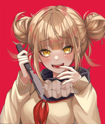 Rule 34 | + +, 1girl, :d, absurdres, blunt bangs, blush, boku no hero academia, breasts, doongdang, double bun, finger to mouth, hair bun, hands up, highres, holding, holding knife, huge filesize, knife, looking at viewer, medium breasts, neckerchief, open mouth, red background, red neckerchief, sidelocks, simple background, smile, solo, teeth, toga himiko, upper body