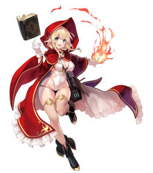 Rule 34 | 1girl, black footwear, blonde hair, blush, book, boots, braid, breasts, cape, cleavage, elf, fire, full body, highres, hood, hood up, hooded cape, kekemotsu, large breasts, leotard, long hair, looking at viewer, navel, open book, open mouth, original, pointy ears, red cape, smile, solo, twin braids, vial, white leotard, wrist cuffs