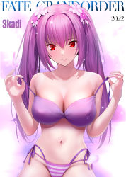 Rule 34 | 1girl, 2022, absurdres, bare shoulders, besmiled, bikini, blurry, breasts, character name, closed mouth, collarbone, copyright name, depth of field, english text, fate/grand order, fate (series), flower, glowing, hair flower, hair intakes, hair ornament, highres, holding, holding clothes, holding swimsuit, large breasts, looking at viewer, navel, pink flower, purple flower, purple hair, red eyes, revision, scathach (fate), scathach skadi (fate), scathach skadi (swimsuit ruler) (fate), side-tie bikini bottom, skindentation, smile, solo, stomach, swimsuit, twintails, undressing, untied bikini