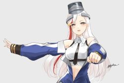 Rule 34 | 1girl, black necktie, blonde hair, blue jacket, breasts, clenched hand, commentary request, foreshortening, jacket, kantai collection, large breasts, long hair, looking at viewer, massachusetts (kancolle), meme, midriff, multicolored hair, navel, necktie, odachu, one-hour drawing challenge, red eyes, red hair, shirt, signature, sleeveless, sleeveless shirt, solo, streaked hair, upper body, white shirt