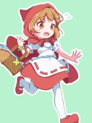 Rule 34 | 1girl, apron, basket, brown hair, flower bracelet, flying sweatdrops, green background, highres, holding, holding basket, jazz grace, outline, pantyhose, puffy short sleeves, puffy sleeves, puyopuyo, puyopuyo quest, rebecca (puyopuyo quest), red footwear, red hood, red skirt, running, shirt, short sleeves, skirt, solo, waist apron, white apron, white outline, white pantyhose, white shirt