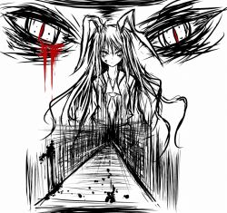Rule 34 | 1girl, animal ears, blood, bloody tears, rabbit ears, female focus, long hair, monochrome, reisen udongein inaba, slit pupils, solo, spot color, touhou, zoom layer