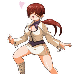 Rule 34 | 1girl, alternate color, belt, boots, brown hair, cleavage cutout, clothing cutout, earrings, heart, hiroshi, jewelry, lowres, miniskirt, ponytail, shermie (kof), skirt, snk, solo, the king of fighters, white background