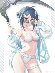 Rule 34 | 1girl, absurdres, ahoge, arknights, bare shoulders, bikini, black hair, blue jacket, breasts, commentary request, cowboy shot, grey eyes, groin, highres, jacket, jiuyu qame, la pluma (arknights), la pluma (summer flowers) (arknights), long sleeves, looking at viewer, medium breasts, navel, official alternate costume, open clothes, open jacket, scythe, short hair, solo, standing, stomach, swimsuit, thigh strap, thighs, weapon, white bikini