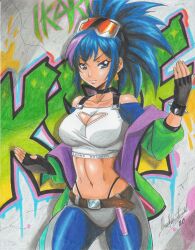 Rule 34 | 1girl, 2020, absurdres, angry, belt, belt buckle, black panties, blue eyes, blue hair, bracelet, breasts, buckle, choker, cleavage, cleavage cutout, clothes writing, clothing cutout, collarbone, crop top, earrings, fingerless gloves, gloves, graffiti, high ponytail, highres, jacket, jacket partially removed, jewelry, large breasts, leona heidern, midriff, multicolored hair, navel, panties, purple hair, ravernclouk design, snk, spiked bracelet, spikes, sports bra, sportswear, the king of fighters, traditional media, triangle earrings, two-tone hair, underwear, wall, white top