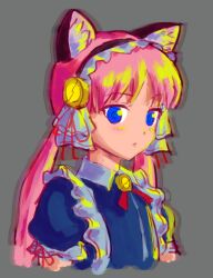 Rule 34 | 1girl, :&lt;, absurdres, animal ear fluff, animal ears, black hairband, blue eyes, blue pupils, cat ears, clarion, closed mouth, commentary, english commentary, flat chest, grey background, hairband, highres, koukaku no pandora, lolita hairband, long hair, pink hair, puffy short sleeves, puffy sleeves, red ribbon, ribbon, short sleeves, simple background, solo, twintails, upper body, zawabug
