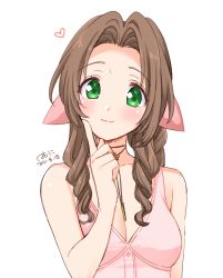 Rule 34 | 1girl, 2021, aerith gainsborough, bad id, bad pixiv id, bare arms, bow, breasts, brown hair, choker, cleavage, closed mouth, collarbone, dated, final fantasy, final fantasy vii, green eyes, hair bow, hair intakes, heart, index finger raised, krudears, long hair, looking at viewer, pink bow, pink shirt, ribbon choker, shirt, simple background, sketch, sleeveless, sleeveless shirt, small breasts, smile, solo, square enix, upper body, white background