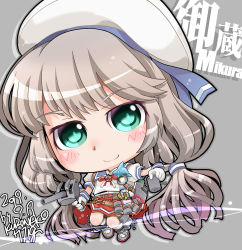 Rule 34 | 1girl, adapted turret, blue sailor collar, cannon, character name, chibi, depth charge, dolphin, gloves, green eyes, grey hair, hat, highres, kantai collection, kuroneko (kuroneko works), long hair, low twintails, mikura (kancolle), red skirt, rigging, sailor collar, sailor hat, sailor shirt, shirt, skirt, solo, twintails, white gloves, white legwear, white shirt