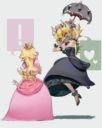 Rule 34 | !, 2girls, arm up, armlet, artist request, bare shoulders, black bracelet, black choker, black dress, black footwear, black umbrella, blonde hair, blue eyes, blue gemstone, blush stickers, bowsette, bracelet, brooch, chest jewel, choker, crown, dress, earrings, falling, frilled dress, frills, from behind, full body, gem, gold headwear, grey background, grin, hand to own mouth, heart, high heels, holding, holding umbrella, horns, jewelry, long dress, long hair, looking at another, mario (series), mini crown, multiple girls, new super mario bros. u deluxe, nintendo, parasol, pink dress, pink headwear, pink sleeves, polka dot headwear, ponytail, princess peach, puffy short sleeves, puffy sleeves, red umbrella, shadow, short sleeves, simple background, smile, sphere earrings, spiked anklet, spiked armlet, spiked bracelet, spiked choker, spiked shell, spikes, spoken exclamation mark, spoken heart, strapless, strapless dress, super crown, third-party source, turtle shell, two-sided umbrella, umbrella, v-shaped eyebrows, white horns