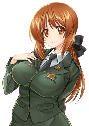Rule 34 | 10s, 1girl, aged up, alternate breast size, alternate costume, alternate hair length, alternate hairstyle, arm behind back, black necktie, black ribbon, breasts, brown eyes, brown hair, closed mouth, dress shirt, epaulettes, girls und panzer, green jacket, green skirt, hair ribbon, hand on own chest, highres, insignia, jacket, japan ground self-defense force, japan self-defense force, large breasts, leaning to the side, long hair, long sleeves, looking at viewer, manyuu kaeru tasuke sansei, medal, military, military uniform, name tag, necktie, nishizumi miho, pencil skirt, ponytail, ribbon, shirt, skirt, smile, solo, standing, uniform, upper body, white shirt, wing collar
