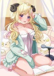 1girl animal_ears ankle_scrunchie between_legs blonde_hair blush breasts calendar_(object) camisole cleavage collarbone curled_horns curtains eyelashes frilled_jacket frills green_jacket hanamura_pink hand_between_legs hand_to_head hand_up highres hololive hood hood_down hooded_jacket horns jacket long_hair long_sleeves looking_at_viewer low_twintails medium_breasts off_shoulder on_bed open_clothes open_jacket open_mouth pillow pink_ribbon pink_scrunchie purple_eyes ribbon scrunchie sheep_ears sheep_horns sitting sleeves_past_fingers sleeves_past_wrists smile solo swept_bangs tsunomaki_watame tsunomaki_watame_(loungewear) twintails v virtual_youtuber wariza watamate wavy_hair white_camisole