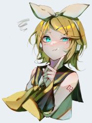 Rule 34 | 1girl, annoyed, aqua eyes, ascot, bare shoulders, blonde hair, blush, bow, breasts, detached sleeves, finger to own chin, hair bow, hair ornament, hairclip, half-closed eye, headphones, headset, highres, index finger raised, kagamine rin, looking at viewer, murumuru (pixiv51689952), number tattoo, pout, sailor collar, shirt, short hair, shoulder tattoo, sleeveless, sleeveless shirt, small breasts, solo, squiggle, tattoo, treble clef, upper body, vocaloid, white bow, yellow ascot