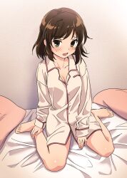 Rule 34 | 1girl, barefoot, bed, blush, breasts, brown eyes, brown hair, cleavage, collarbone, commentary request, full body, highres, ichimi renge, long sleeves, medium breasts, medium hair, no hairband, on bed, open mouth, pajamas, pillow, second-party source, sitting, solo, suzumiya haruhi, suzumiya haruhi no yuuutsu, white pajamas
