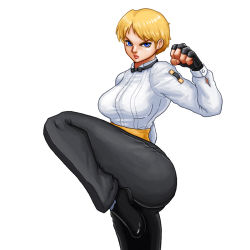 Rule 34 | 1girl, blonde hair, blue eyes, boongari, bow, bowtie, breasts, clenched hand, fingerless gloves, gloves, king (snk), large breasts, lips, nose, pants, ryuuko no ken, sash, serious, shirt, short hair, solo, standing, standing on one leg, the king of fighters, very short hair, white background