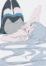 Rule 34 | 1girl, bad id, bad twitter id, bare arms, black skirt, black thighhighs, blue hair, closed eyes, closed mouth, commentary, covering own mouth, english commentary, flat color, grey background, grey shirt, hair spread out, hand on own face, hatsune miku, highres, knees up, light blue hair, long hair, lying, muted color, on back, pleated skirt, potetoneko, shirt, simple background, sketch, skirt, sleeveless, sleeveless shirt, solo, thighhighs, unfinished, upside-down, very long hair, vocaloid, zettai ryouiki