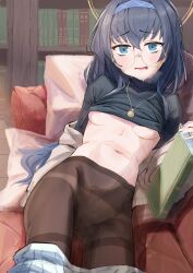 Rule 34 | 1girl, absurdres, black hair, black shirt, blue archive, blue eyes, blue hairband, blush, book, bookshelf, breasts, clothes lift, couch, glasses, hairband, halo, highres, holding, holding book, jewelry, long hair, looking at viewer, naka1379, navel, necklace, pantyhose, round eyewear, shirt, shirt lift, small breasts, solo, steam from mouth, sweat, ui (blue archive), underboob