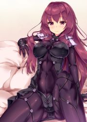 Rule 34 | 1girl, armor, blush, bodysuit, breasts, commentary request, covered navel, fate/grand order, fate (series), fukuda shuushi, highres, large breasts, long hair, looking at viewer, pauldrons, purple bodysuit, purple hair, red eyes, scathach (fate), scathach (fate), shoulder armor, sitting, skin tight, solo, very long hair