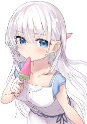Rule 34 | 1girl, blue eyes, blush, breasts, collarbone, dress, food, hair between eyes, holding, holding food, ichijou (kr neru0), long hair, naruse shiroha, popsicle, silver hair, simple background, sleeveless, sleeveless dress, small breasts, solo, summer pockets, very long hair, watermelon bar, white background, white dress