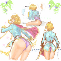Rule 34 | 1girl, ass, blonde hair, blue eyes, breasts, cape, dress, gloves, highres, ilia silvestri, leotard, looking at viewer, medium breasts, open mouth, short hair, short ponytail, solo, star ocean, star ocean first departure, taramo0623, white background, yellow eyes