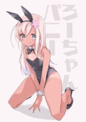 Rule 34 | 1girl, alternate costume, animal ears, bare arms, bare legs, bare shoulders, black bow, black bowtie, blonde hair, blush, bow, bowtie, breasts, commentary request, covered navel, detached collar, fake animal ears, fake tail, high heels, highres, kantai collection, kneeling, leotard, licking lips, long hair, looking at viewer, one-piece tan, playboy bunny, rabbit ears, rabbit tail, ro-500 (kancolle), simple background, smile, solo, strapless, strapless leotard, tail, tan, tanline, tongue, tongue out, uut, white background, wrist cuffs