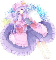 Rule 34 | 1girl, bad id, bad pixiv id, barefoot, blush, book, bow, capelet, closed mouth, commentary, crescent, dress, hair bow, hat, highres, holding, holding book, long hair, long sleeves, looking at viewer, lying, mob cap, on back, patchouli knowledge, pillow, pink capelet, pink dress, pink hat, purple bow, purple dress, purple eyes, purple hair, red bow, sleeves past wrists, solo, star-shaped pillow, star (symbol), symbol-only commentary, touhou, tsukiyo (skymint), very long hair, white background