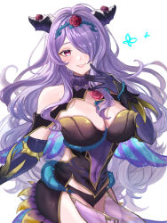 Rule 34 | 1girl, bare shoulders, black panties, breasts, bug, butterfly, camilla (fire emblem), camilla (resplendent) (fire emblem), cleavage, covered navel, cowboy shot, fake horns, fire emblem, fire emblem fates, fire emblem heroes, gloves, hair over one eye, highres, horns, insect, large breasts, long hair, looking at viewer, nintendo, official alternate costume, panties, purple eyes, purple gloves, purple hair, simple background, smile, solo, thighs, underwear, wavy hair, white background, zqzbq