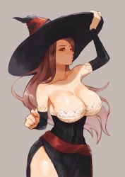 Rule 34 | 1girl, :o, arm up, bare shoulders, black detached sleeves, black dress, black hat, breasts, brown eyes, brown hair, cleavage, collarbone, commentary request, detached sleeves, dragon&#039;s crown, dress, female focus, floating hair, grey background, half-closed eyes, hand on headwear, hand up, hat, highres, large breasts, lips, long dress, long hair, looking at viewer, mossan351, neck, serious, shade, side slit, simple background, solo, sorceress (dragon&#039;s crown), standing, strapless, strapless dress, striped clothes, striped dress, swept bangs, witch, witch hat