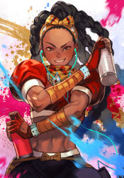 Rule 34 | 1girl, arm wrap, black hair, bow, capcom, crop top, dark-skinned female, dark skin, dreadlocks, earphones, fingerless gloves, gloves, hair bow, hungry clicker, kimberly jackson, looking at viewer, muscular, muscular female, scarf, smile, solo, spray can, street fighter, street fighter 6, toned, upper body