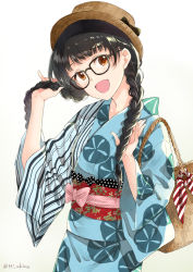 Rule 34 | 1girl, :d, asymmetrical clothes, bag, black-framed eyewear, black bow, black hair, blue kimono, blush, bow, braid, brown hair, brown hat, commentary request, glasses, gradient background, grey background, hat, hat bow, head tilt, japanese clothes, kimono, long hair, long sleeves, looking at viewer, low twintails, miyabi akino, obi, open mouth, original, sash, simple background, smile, solo, striped clothes, striped kimono, twin braids, twintails, vertical-striped clothes, vertical-striped kimono, white background, wide sleeves, yukata
