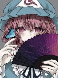 Rule 34 | 1girl, blue butterfly, blue hat, blue shirt, bug, butterfly, commentary request, folding fan, frilled shirt collar, frilled sleeves, frills, grey background, hair between eyes, hand fan, hat, highres, insect, long bangs, long sleeves, looking at viewer, mehitsuji, mob cap, neck ribbon, pink eyes, pink hair, ribbon, ribbon-trimmed collar, ribbon trim, saigyouji yuyuko, saigyouji yuyuko&#039;s fan design, shirt, short hair, simple background, solo, touhou, triangular headpiece, upper body