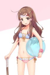 Rule 34 | 1girl, :d, ball, bare arms, bare shoulders, beachball, bikini, blue bikini, breasts, brown eyes, brown hair, carrying, carrying under arm, collarbone, fire emblem, fire emblem fates, flower, flower bracelet, frilled bikini, frills, gluteal fold, groin, hair flower, hair ornament, hana (fire emblem), hand on hilt, headband, highres, long hair, navel, nintendo, open mouth, pink flower, side-tie bikini bottom, small breasts, smile, solo, swimsuit, sword, transistor, transparent, v-shaped eyebrows, weapon, white background, wooden sword
