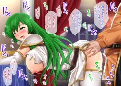 Rule 34 | 1boy, 1girl, arm support, bent over, bent over table, blush, boots, breasts, breasts out, censored, chagall (fire emblem), clothed sex, deep skin, doggystyle, elbow gloves, erinys (fire emblem), fire emblem, fire emblem: genealogy of the holy war, gloves, green eyes, green hair, half-closed eyes, hetero, indoors, lamp, large breasts, long hair, matching hair/eyes, mosaic censoring, motion lines, night, nintendo, nipples, open mouth, pelvic curtain, penis, saliva, sex, sex from behind, solo focus, sweat, table, thigh boots, thigh grab, thighs, torn clothes, tsubakiyama parry, vaginal, window