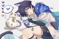 Rule 34 | 1boy, animal, animal ears, belt, black belt, black gloves, black shirt, black shorts, black socks, blue cape, blunt ends, box, brown fur, cape, cat, cat ears, cat tail, cookie, eating, elbow gloves, fang, feet out of frame, food, food on face, genshin impact, gloves, grey background, grey fur, hair between eyes, hands up, heart, heart-shaped box, highres, holding, holding box, holding food, leg warmers, looking at viewer, lying, mandarin collar, multicolored fur, no headwear, on side, open clothes, open mouth, open vest, purple belt, purple eyes, purple hair, scaramouche (genshin impact), shadow, shimianaya, shirt, short hair, short sleeves, shorts, simple background, sleeveless, sleeveless shirt, socks, speech bubble, tail, tongue, vest, wanderer (genshin impact), white fur, white vest