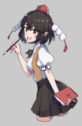 Rule 34 | 1girl, black hair, black ribbon, black skirt, breasts, calligraphy brush, collared shirt, frilled skirt, frills, grey background, hat, highres, jack (wkm74959), medium breasts, notebook, one-hour drawing challenge, paintbrush, pointy ears, pom pom (clothes), red eyes, ribbon, shameimaru aya, shirt, simple background, skirt, solo, split mouth, tokin hat, touhou, white shirt