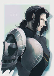 Rule 34 | 1boy, 2gno082, armor, black hair, breastplate, cropped torso, fate/grand order, fate (series), gilles de rais (saber) (fate), highres, light frown, looking at viewer, looking to the side, male focus, medium hair, pauldrons, ponytail, shoulder armor, sidelocks, single pauldron, solo