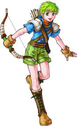 Rule 34 | 1boy, boots, bow (weapon), fire emblem, fire emblem: path of radiance, fire emblem: radiant dawn, full body, green eyes, green hair, highres, kita senri, male focus, matching hair/eyes, nintendo, official art, rolf, rolf (fire emblem), simple background, solo, weapon, white background