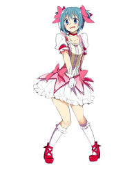 Rule 34 | 10s, 1girl, blue eyes, blue hair, bow, choker, collarbone, cosplay, dress, gloves, hair bow, kaname madoka, kaname madoka (cosplay), magical girl, mahou shoujo madoka magica, mahou shoujo madoka magica (anime), mahou shoujo madoka magica movie 1 &amp; 2, matching hair/eyes, miki sayaka, mizuki (flowerlanguage), short hair, short twintails, simple background, solo, twintails, wavy mouth, white background