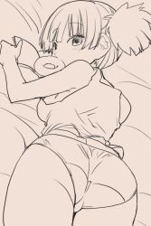 Rule 34 | 1girl, ass, book, doughnut, food, k-on!, looking back, lying, monochrome, mouth hold, on stomach, panties, shinama, short hair, sketch, solo, suzuki jun, twintails, underwear