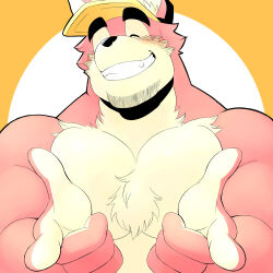Rule 34 | 1boy, ^ ^, bara, baseball cap, blush, borrowed character, character request, chest tuft, closed eyes, facial hair, furry, furry male, hands up, happy, hat, large pectorals, male focus, muscular, muscular male, norijaga, nude, original, pectorals, pink fur, pointing, pointing at viewer, short hair, solo, stubble, thick eyebrows, upper body, whiskers