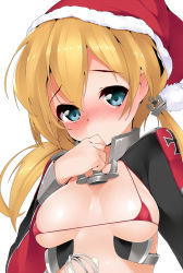 Rule 34 | 10s, 1girl, anchor hair ornament, batter, bikini, bikini top only, blonde hair, blue eyes, blush, breasts, christmas, cleavage, covering own mouth, cross, hair ornament, hat, highres, iron cross, kantai collection, long hair, long sleeves, micro bikini, military, military uniform, prinz eugen (kancolle), santa hat, simple background, solo, swimsuit, terazip, twintails, underboob, uniform, whisk, white background