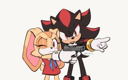 Rule 34 | 1boy, 1girl, commentary, cream the rabbit, dress, english commentary, finger on trigger, furry, furry female, furry male, gun, handgun, holding, holding gun, holding weapon, kiikoi11, one eye closed, pointing, pointing gun, red dress, shadow the hedgehog, simple background, sonic (series), twitter username, weapon, white background